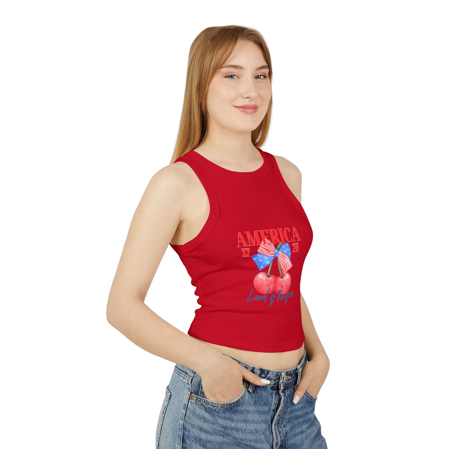 America 1776 Cherry Graphic Racer Tank Top for Women, Patriotic Summer Top, Fourth of July Outfit, Independence Day Apparel, Casual Wear