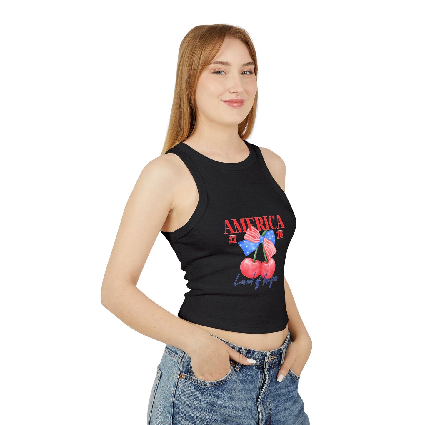 America 1776 Cherry Graphic Racer Tank Top for Women, Patriotic Summer Top, Fourth of July Outfit, Independence Day Apparel, Casual Wear