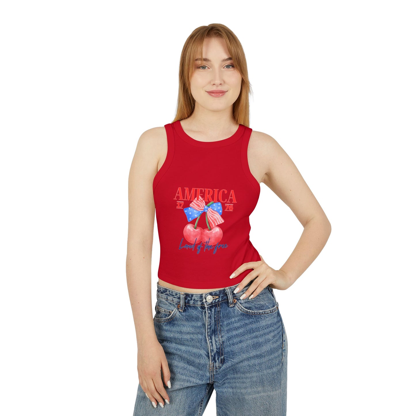 America 1776 Cherry Graphic Racer Tank Top for Women, Patriotic Summer Top, Fourth of July Outfit, Independence Day Apparel, Casual Wear