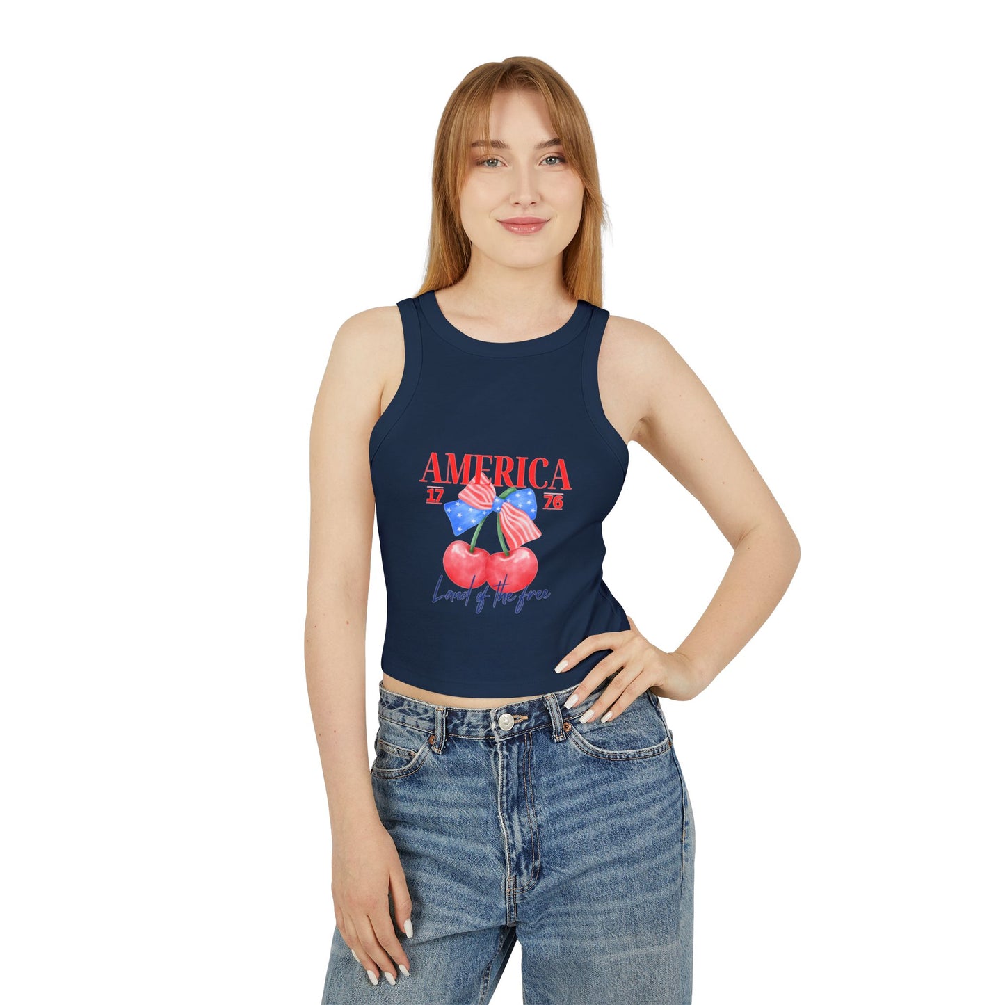 America 1776 Cherry Graphic Racer Tank Top for Women, Patriotic Summer Top, Fourth of July Outfit, Independence Day Apparel, Casual Wear