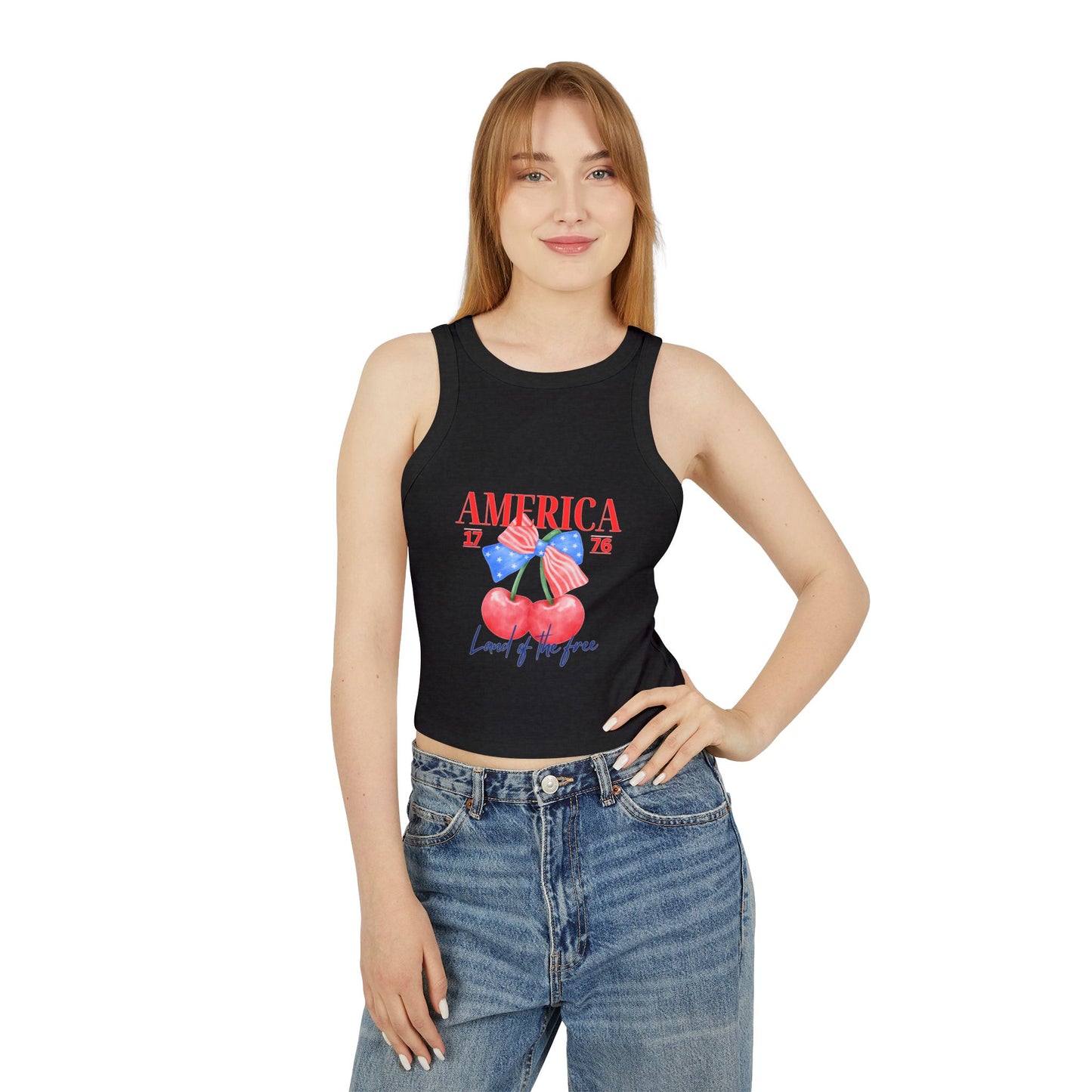 America 1776 Cherry Graphic Racer Tank Top for Women, Patriotic Summer Top, Fourth of July Outfit, Independence Day Apparel, Casual Wear