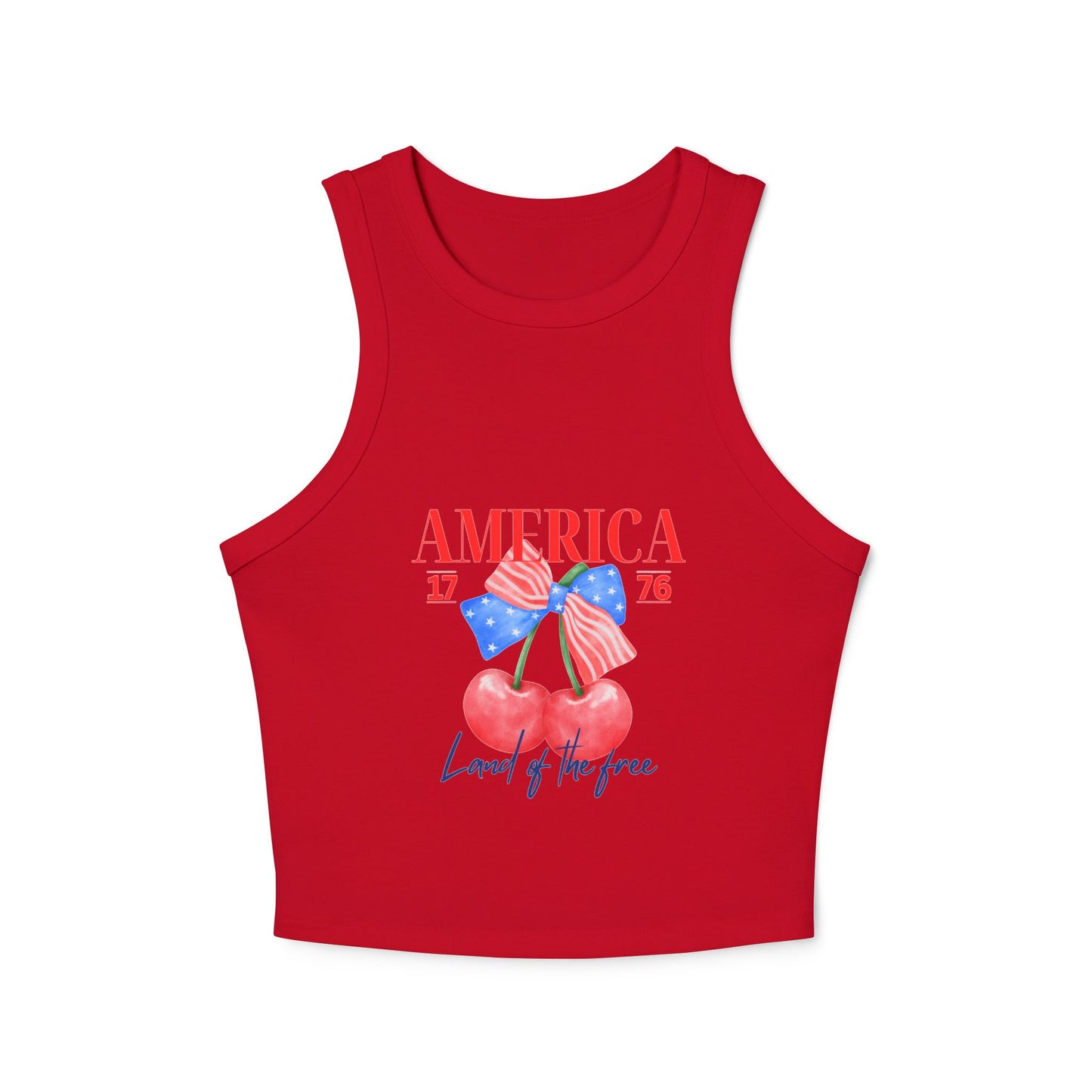 America 1776 Cherry Graphic Racer Tank Top for Women, Patriotic Summer Top, Fourth of July Outfit, Independence Day Apparel, Casual Wear