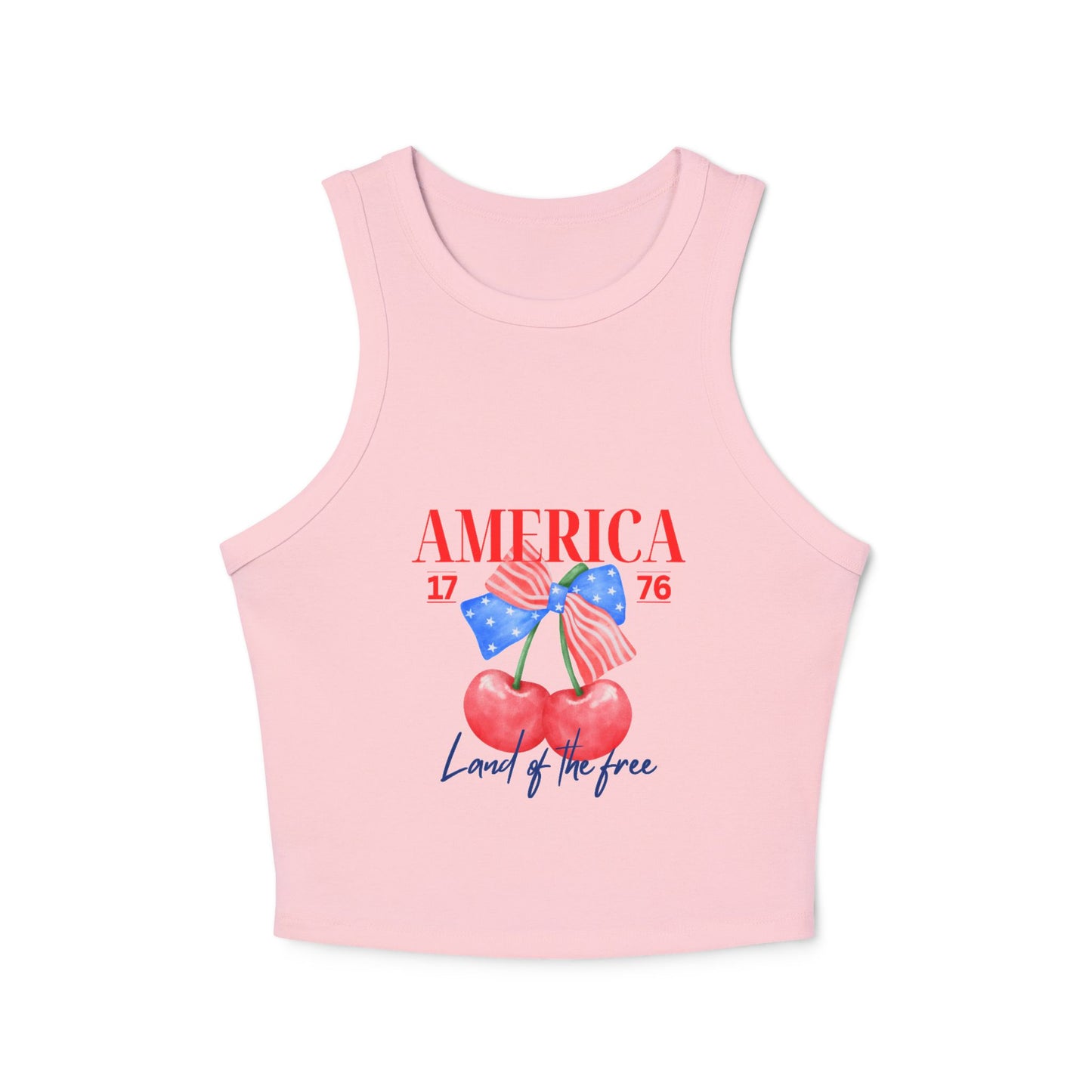 America 1776 Cherry Graphic Racer Tank Top for Women, Patriotic Summer Top, Fourth of July Outfit, Independence Day Apparel, Casual Wear