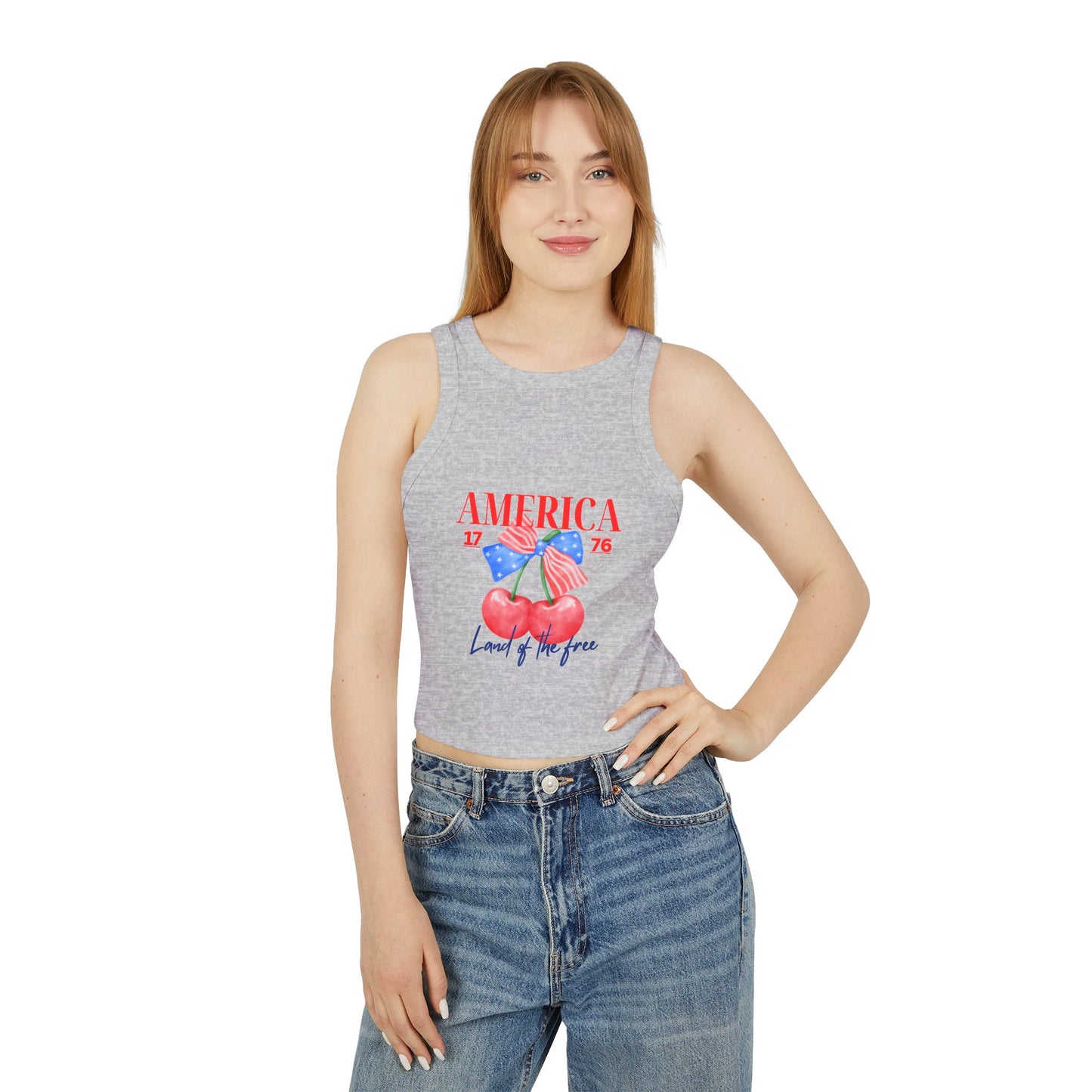 America 1776 Cherry Graphic Racer Tank Top for Women, Patriotic Summer Top, Fourth of July Outfit, Independence Day Apparel, Casual Wear