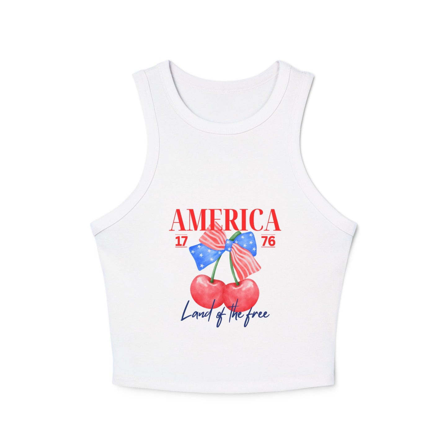 America 1776 Cherry Graphic Racer Tank Top for Women, Patriotic Summer Top, Fourth of July Outfit, Independence Day Apparel, Casual Wear