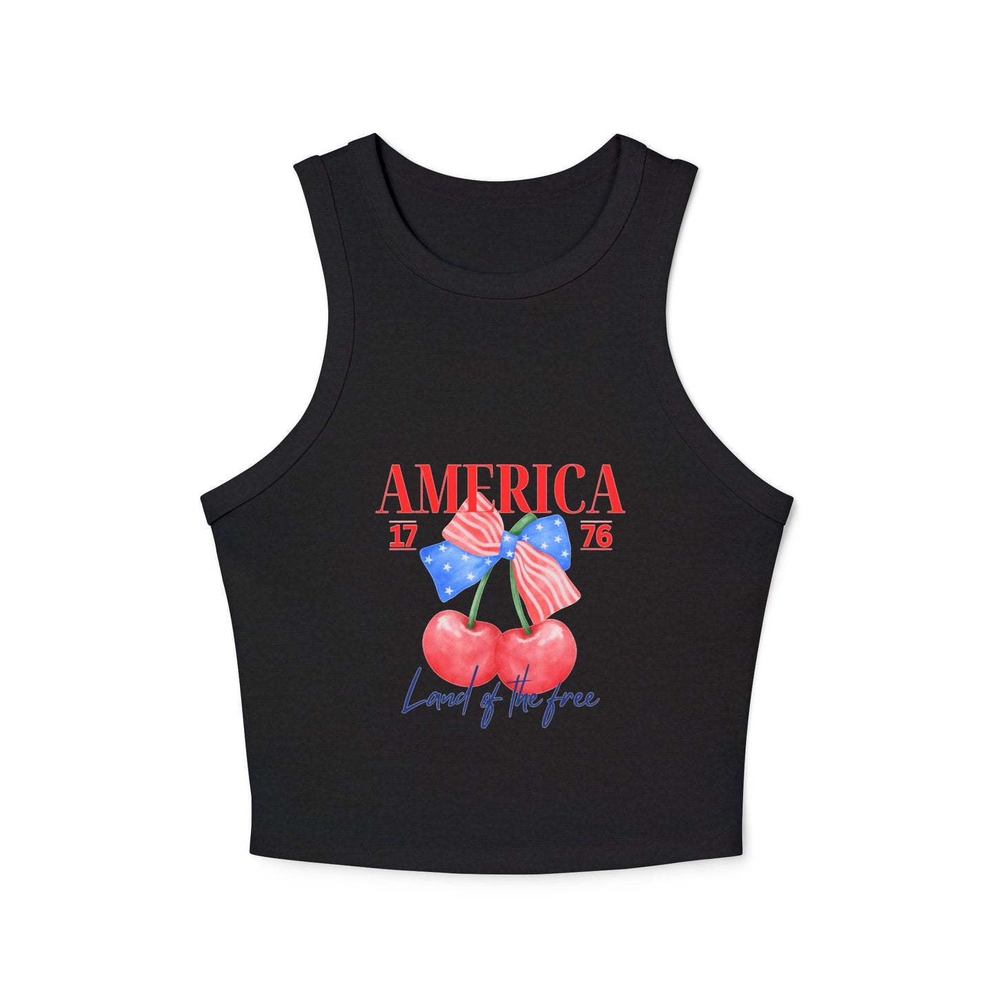 America 1776 Cherry Graphic Racer Tank Top for Women, Patriotic Summer Top, Fourth of July Outfit, Independence Day Apparel, Casual Wear