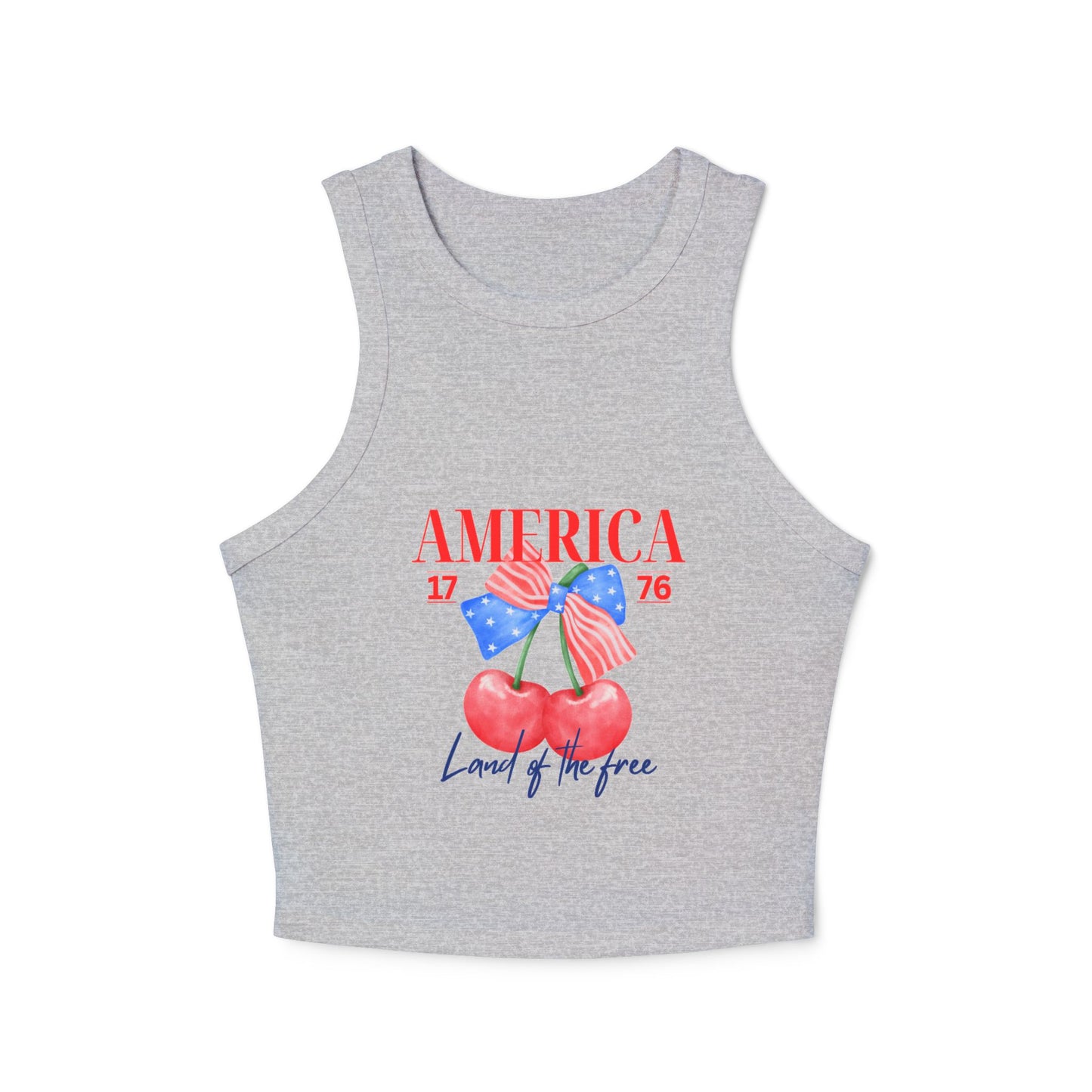 America 1776 Cherry Graphic Racer Tank Top for Women, Patriotic Summer Top, Fourth of July Outfit, Independence Day Apparel, Casual Wear