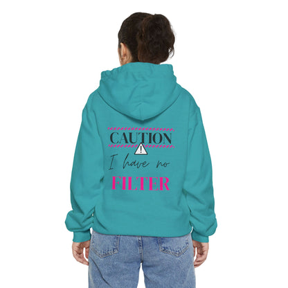 Caution No Filter Hoodie, Unisex Casual Sweatshirt, Funny Gift for Friends, Everyday Wear, Cozy Winter Apparel