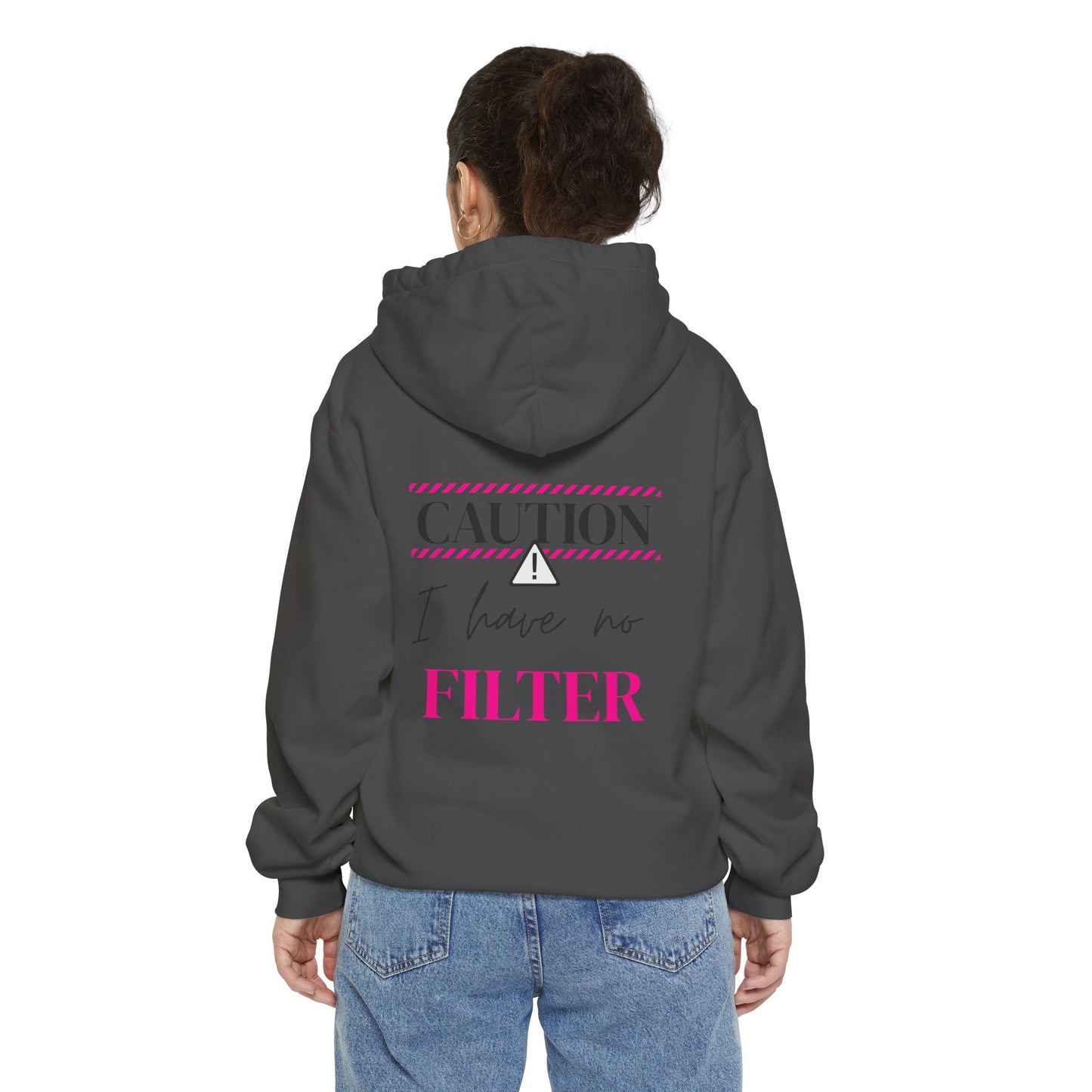 Caution No Filter Hoodie, Unisex Casual Sweatshirt, Funny Gift for Friends, Everyday Wear, Cozy Winter Apparel