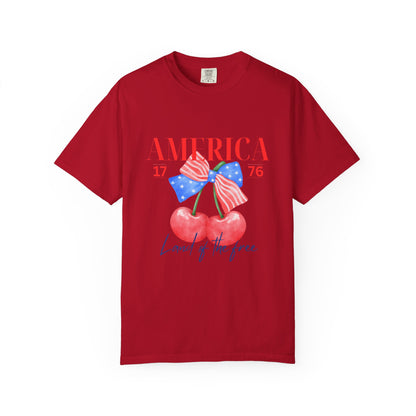 Patriotic Cherry T-Shirt, Unisex Garden-Dyed Tee, 4th of July Shirt, America Love T-Shirt, Summer Casual Wear