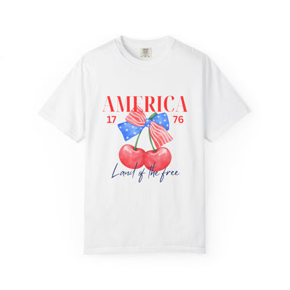 Patriotic Cherry T-Shirt, Unisex Garden-Dyed Tee, 4th of July Shirt, America Love T-Shirt, Summer Casual Wear