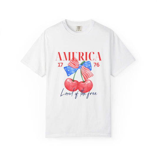 Patriotic Cherry T-Shirt, Unisex Garden-Dyed Tee, 4th of July Shirt, America Love T-Shirt, Summer Casual Wear