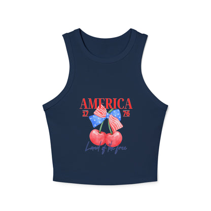 America 1776 Cherry Graphic Racer Tank Top for Women, Patriotic Summer Top, Fourth of July Outfit, Independence Day Apparel, Casual Wear