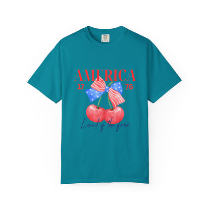 Patriotic Cherry T-Shirt, Unisex Garden-Dyed Tee, 4th of July Shirt, America Love T-Shirt, Summer Casual Wear