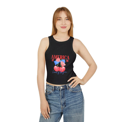America 1776 Cherry Graphic Racer Tank Top for Women, Patriotic Summer Top, Fourth of July Outfit, Independence Day Apparel, Casual Wear