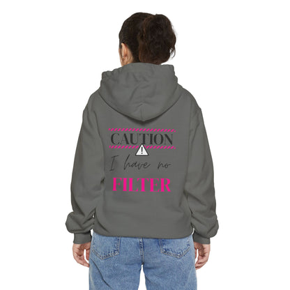 Caution No Filter Hoodie, Unisex Casual Sweatshirt, Funny Gift for Friends, Everyday Wear, Cozy Winter Apparel