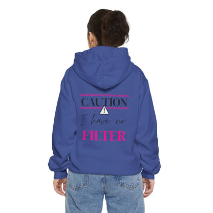 Caution No Filter Hoodie, Unisex Casual Sweatshirt, Funny Gift for Friends, Everyday Wear, Cozy Winter Apparel
