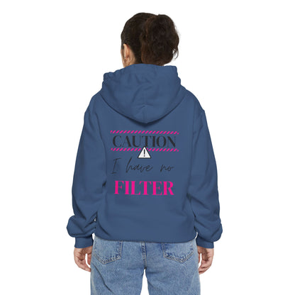Caution No Filter Hoodie, Unisex Casual Sweatshirt, Funny Gift for Friends, Everyday Wear, Cozy Winter Apparel