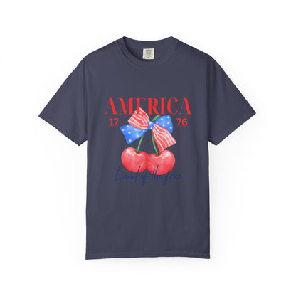 Patriotic Cherry T-Shirt, Unisex Garden-Dyed Tee, 4th of July Shirt, America Love T-Shirt, Summer Casual Wear