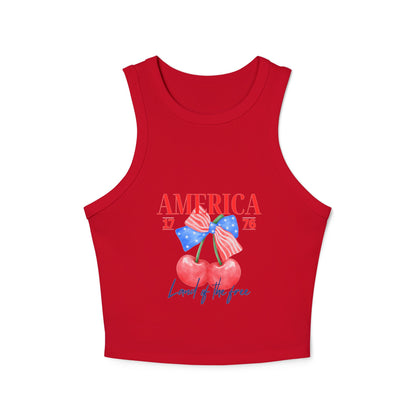 America 1776 Cherry Graphic Racer Tank Top for Women, Patriotic Summer Top, Fourth of July Outfit, Independence Day Apparel, Casual Wear