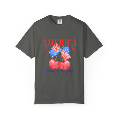Patriotic Cherry T-Shirt, Unisex Garden-Dyed Tee, 4th of July Shirt, America Love T-Shirt, Summer Casual Wear