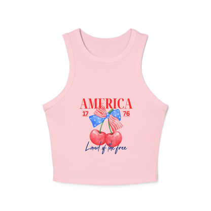 America 1776 Cherry Graphic Racer Tank Top for Women, Patriotic Summer Top, Fourth of July Outfit, Independence Day Apparel, Casual Wear