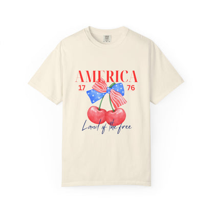 Patriotic Cherry T-Shirt, Unisex Garden-Dyed Tee, 4th of July Shirt, America Love T-Shirt, Summer Casual Wear