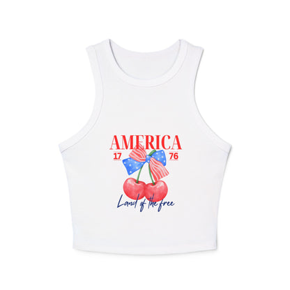 America 1776 Cherry Graphic Racer Tank Top for Women, Patriotic Summer Top, Fourth of July Outfit, Independence Day Apparel, Casual Wear