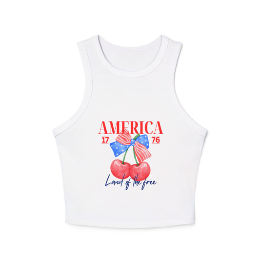 America 1776 Cherry Graphic Racer Tank Top for Women, Patriotic Summer Top, Fourth of July Outfit, Independence Day Apparel, Casual Wear