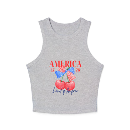 America 1776 Cherry Graphic Racer Tank Top for Women, Patriotic Summer Top, Fourth of July Outfit, Independence Day Apparel, Casual Wear