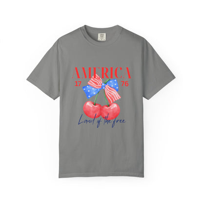 Patriotic Cherry T-Shirt, Unisex Garden-Dyed Tee, 4th of July Shirt, America Love T-Shirt, Summer Casual Wear