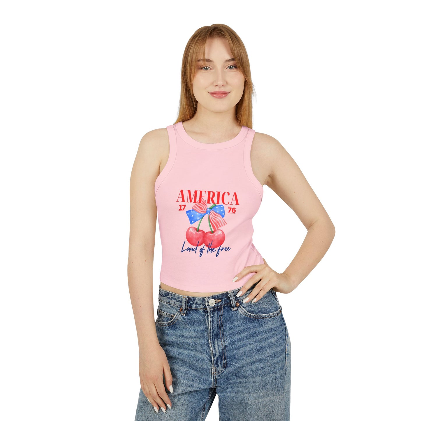 America 1776 Cherry Graphic Racer Tank Top for Women, Patriotic Summer Top, Fourth of July Outfit, Independence Day Apparel, Casual Wear